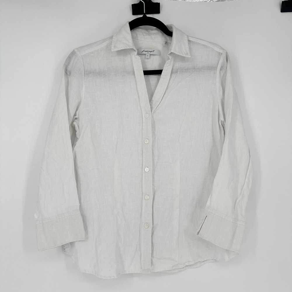 Foxcroft 100% Linen White Button Up 3/4 Sleeve Shirt‎ Blouse Women's S Chic